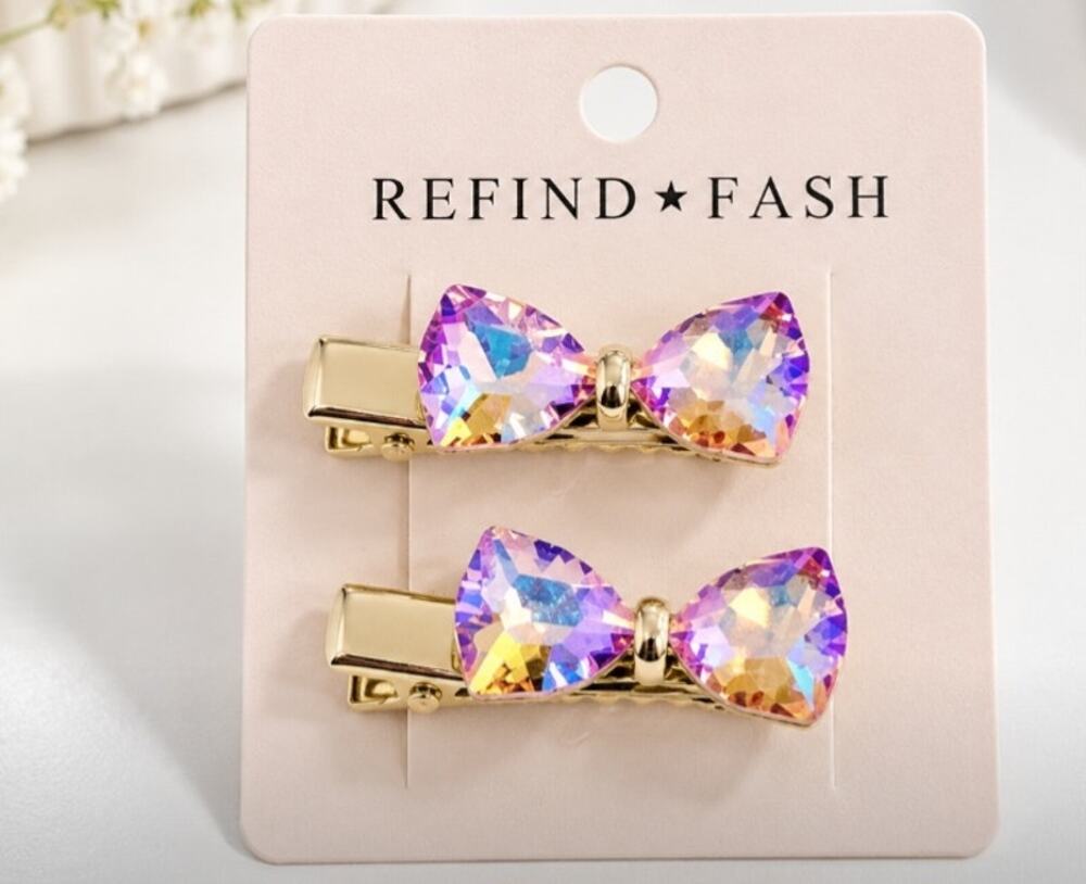 Purple AB Gold Bow Crystal Hair Clips New